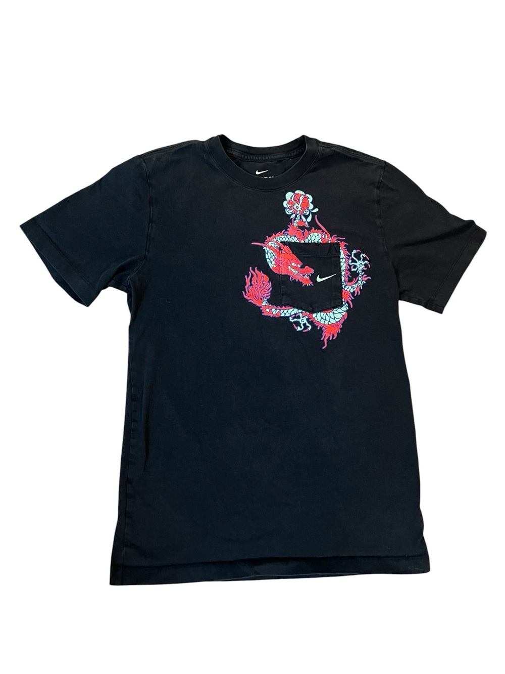 Nike Black Short-Sleeve T-Shirt with Red & Teal Dragon Graphic